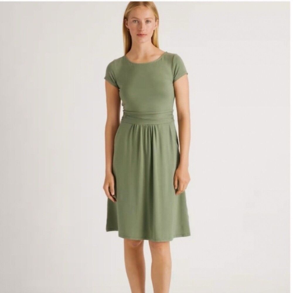 Quince Tencel Jersey Ruched Waist Midi Dress Sage Green   XL Pockets Stretch